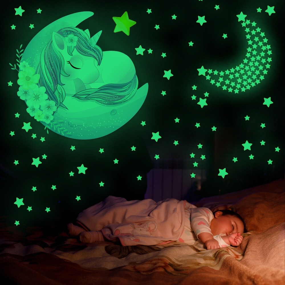 Night glow Unicorn moon stars wall stickers for kids room decals/glow in dark